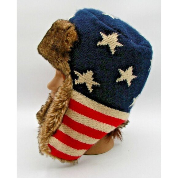 Trapper Bomber Hat Winter Essencial Caps Faux Fur Knit American Flag Stars Unise - Picture 2 of 11